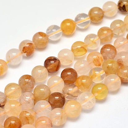 Brins de perles rondes de quartz hématoïde jaune naturel, quartz ferrugineux