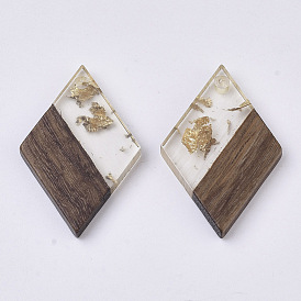 Transparent Resin & Walnut Wood Pendants, with Foil, Waxed, Rhombus