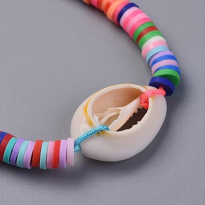 Eco-Friendly Handmade Polymer Clay Heishi Beads Kids Braided Bracelets, with Cowrie Shell Beads and Nylon Cord