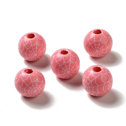 Halloween Printed Spider Webs Colored Wood European Beads, Large Hole Beads, Round