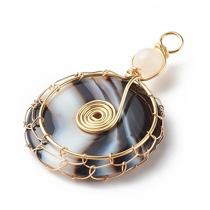 Natural Striped Agate/Banded Agate Pendants, Dyed, with Natural Moonstone Beads and Eco-Friendly Copper Wire Wrapped, Donut/Pi Disc Charm, Mixed Color