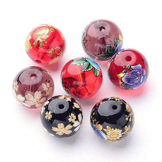 Mixed Flower Picture Printed Glass Round Beads, 12mm, Hole: 1.5mm