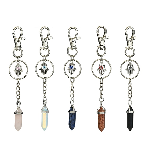 Natural & Synthetic Gemstone Double Terminated Pointed Pendant Decoration, with Alloy Hamsa Hand with Evil Eye and Lobster Claw Clasps Charm