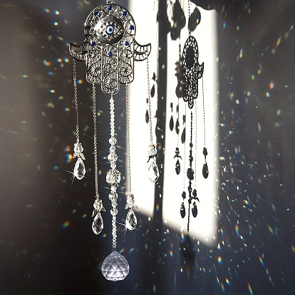 Hamsa Hand/Hand of Miriam with Evil Eye Alloy Pendant Decoration, Hanging Suncatcher, with Glass Teardrop/Cone Charm