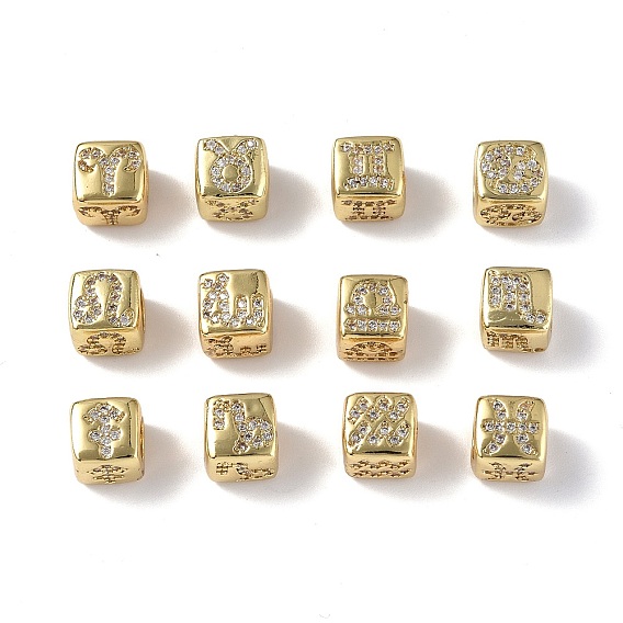 12 pcs 12 styles laiton micro pavé clair perles de zircone cubique, cube avec douze constellations