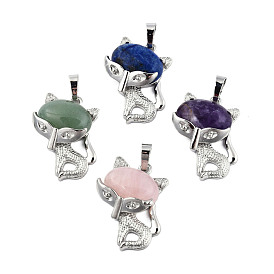 Natural Gemstone Pendants, with Platinum Plated Brass Findings, Cat Charm