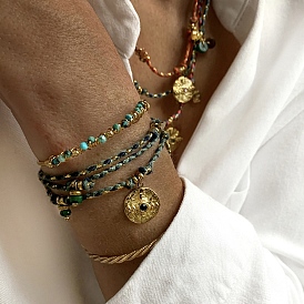 Bracelets à breloques en acier inoxydable avec turquoise synthétique teinte, bracelet tressé ajustable pour femme