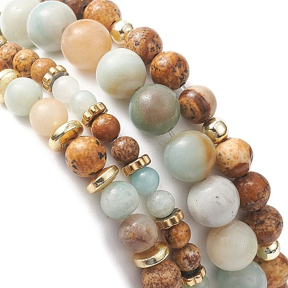 Natural Flower Amazonite & Picture Jasper Beaded Stretch Bracelets Sets with Non-Magnetic Synthetic Hematite, Alloy Lotus Charms Bracelets for Women