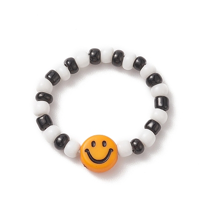 5Pcs 5 Style Smiling Face Acrylic & Glass Seed Stretch Rings Set, Braided Beaded Jewelry for Women