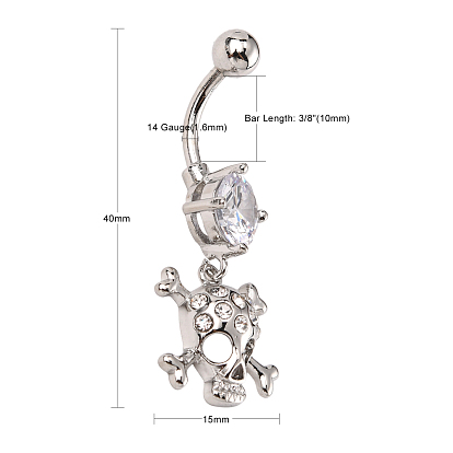 Piercing Jewelry Real Platinum Plated Brass Rhinestone Pirate Style Skull Navel Ring Belly Rings