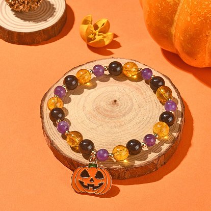 Браслет из натуральных смешанных драгоценных камней, круглый браслет из бисера с подвесками в виде тыквы из сплава эмали для Хэллоуина