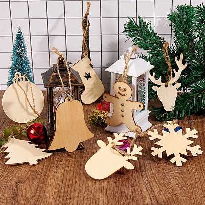 8 sac 8 style ornements de découpes en bois naturel non fini, avec corde de chanvre, pour noël thème fête cadeau décoration de la maison