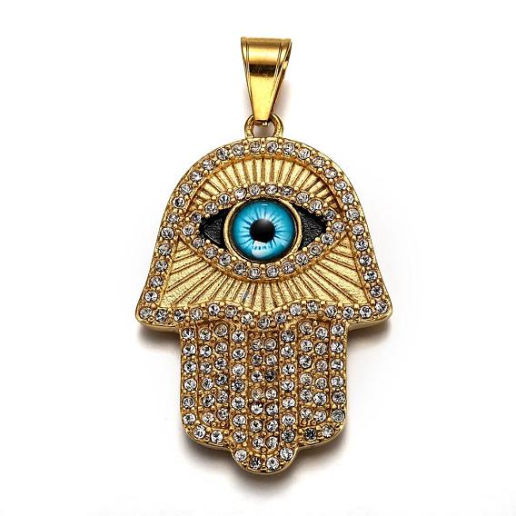 Ion Plating(IP) 304 Stainless Steel Enamel Pendants, with Rhinestone and Glass, Religion, Hamsa Hand/Hand of Fatima/Hand of Miriam with Evil Eye