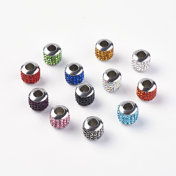 304 Stainless Steel European Beads, with Grade A Rhinestone, Large Hole Beads, Barrel