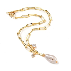 Natural Baroque Pearl Keshi Pearl Pendant Necklaces, with Heart & Teardrop Brass Cubic Zirconia Charms