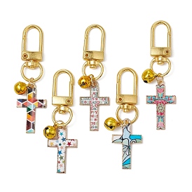 Cross Alloy Enamel Pendants Decorations, with Alloy Swivel Clasps and Brass Bell Charm
