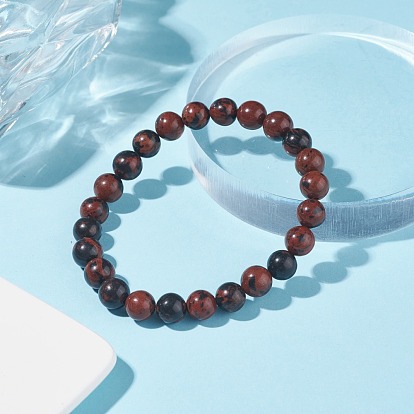 Natural Mahogany Obsidian Round Beaded Stretch Bracelet, Gemstone Jewelry for Women