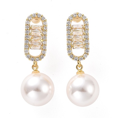 Boucles d'oreilles ovales en zircone cubique transparente avec perles en plastique, bijoux en laiton plaqué or clair pour femme, sans cadmium et sans plomb