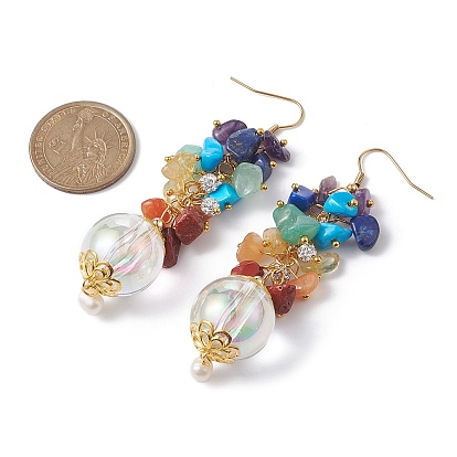 Boucles d'oreilles pendantes en pierres précieuses naturelles chakra, avec perles acryliques transparentes et placage ionique (ip) 304 crochets de boucles d'oreilles en acier inoxydable