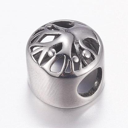 304 Stainless Steel European Beads, Large Hole Beads, Flat Round with Tree of Life