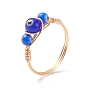 Round Lampwork Evil Eye Braided Finger Ring, Light Gold Plated Copper Wire Wrapped Jewelry for Women