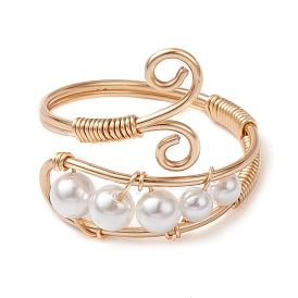 Anillos de puño abiertos con cuentas de perlas naturales, anillo de dedo con envoltura de alambre de cobre
