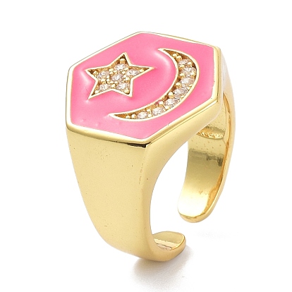 Hexagon with Star & Moon Clear Cubic Zirconia Wide Band Ring for Girl Women, Real 18K Gold Plated Brass Enamel Open Cuff Ring