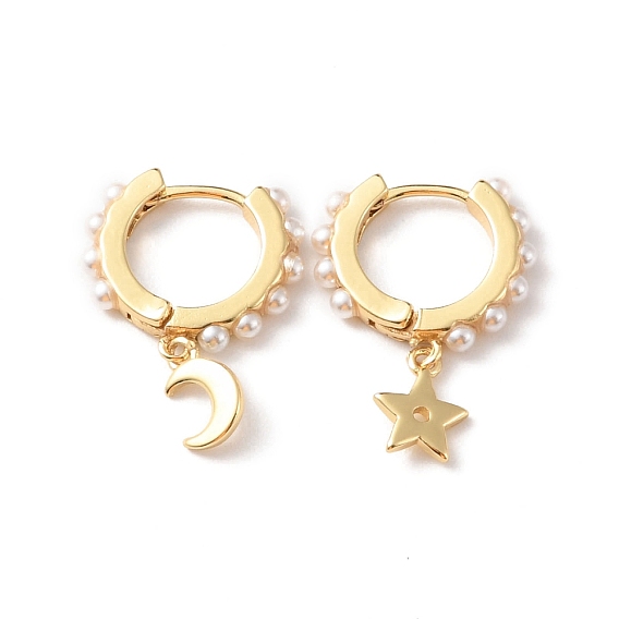 Moon & Star Plastic Imitation Pearls Dangle Hoop Earrings, Rack Plating Brass Asymmetrical Earrings for Women, Long-Lasting Plated, Lead Free & Cadmium Free