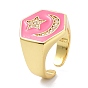 Hexagon with Star & Moon Clear Cubic Zirconia Wide Band Ring for Girl Women, Real 18K Gold Plated Brass Enamel Open Cuff Ring