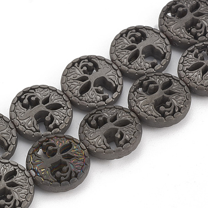 Electroplate Non-magnetic Synthetic Hematite Beads Strands, Matte Style, Flat Round with Tree of Life