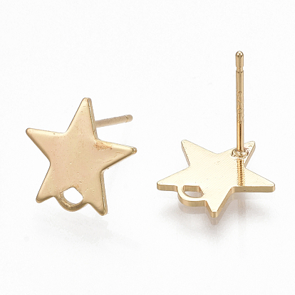 Brass Stud Earring Findings, with Loop and Flat Plate, Star, Real 18K Gold Plated