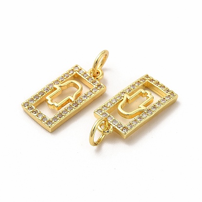 Rack Plating Brass Micro Pave Cubic Zirconia Pendants, Rectangle with Hamsa Hand Charm, with Jump Ring