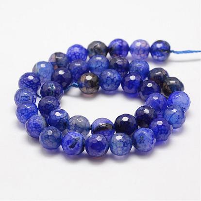 Faceted Natural Dragon Veins Agate Beads Strands, Round, Dyed & Heated