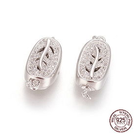 925 Sterling Silver Box Clasps, with Cubic Zirconia, with 925 Stamp, Oval with Leaf