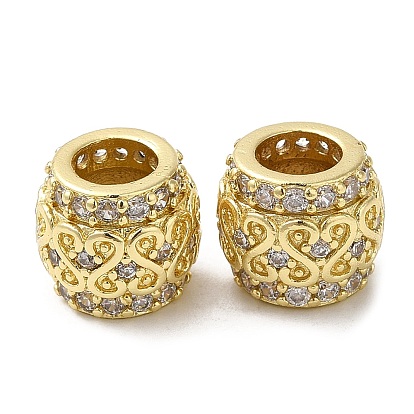Rack Plating Brass Micro Pave Cubic Zirconia European Beads, Large Hole Beads, Long-Lasting Plated, Lead Free & Cadmium Free, Barrel