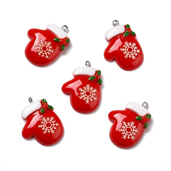 Opaque Resin Pendants, with Platinum Tone Iron Loops, Christmas Theme, Gloves