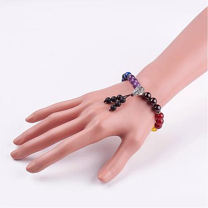 Natural Gemstone Stretch Bracelets, with Tibetan Style Alloy Findings