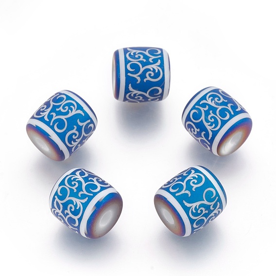 Electroplate Glass Beads, Frosted, Barrel with Vine Pattern