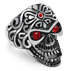Titanium Steel Skull Finger Ring with Rhinestone, Gothic Punk Jewelry for Women