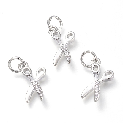 Brass Micro Pave Clear Cubic Zirconia Pendants, with Jump Rings, Scissors