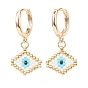 Japanese Seed Braided Rhombus with Evil Eye Dangle Hoop Earrings, Golden Brass Jewelry for Women