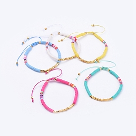 Adjustable Braided Bead Bracelets, with Handmade Polymer Clay Heishi Beads and Brass Beads