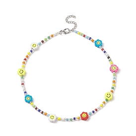 Colliers de perles de rocaille de verre, fleur avec sourire visage collier de perles d'argile polymère fait à la main pour les femmes