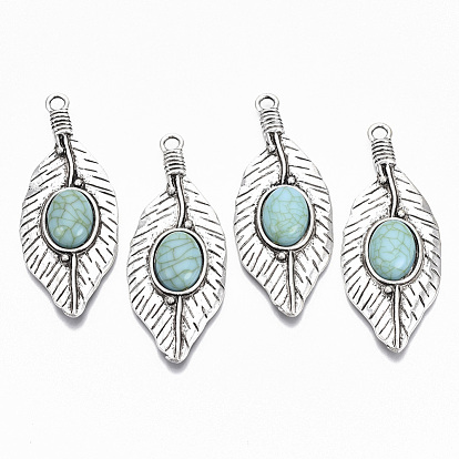Tibetan Style Alloy Big Pendants, with Synthetic Turquoise, Cadmium Free & Lead Free, Leaf