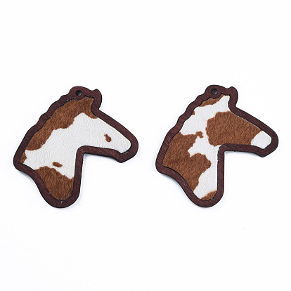 Eco-Friendly Cowhide Leather Big Pendants, with Dyed Wood, Horse's Head