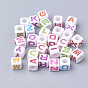 Acrylic Beads, Horizontal Hole, Cube with Mixed Color Letter