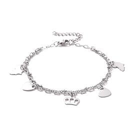 304 Stainless Steel Double Chains Multi-strand Bracelets, Heart & Crown & Map 201 Stainless Steel Charm Bracelet for Women