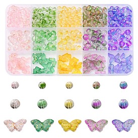 410Pcs 15 Style Transparent Spray Painted Glass Beads, with Golden Foil, Butterfly & Round
