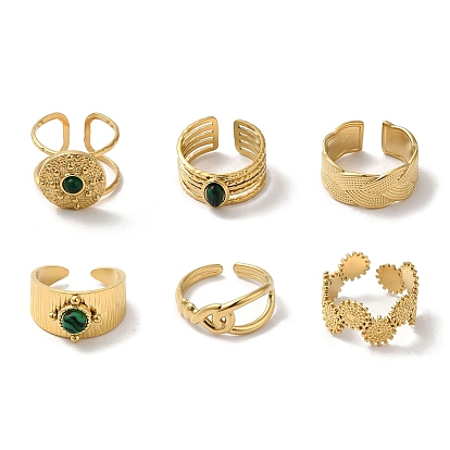 6Pcs 6 Style Flat Round & Oval & Hollow 304 Stainless Steel Open Cuff Rings Set, Synthetic Malachite & Malaysian Jade Stackable Rings
