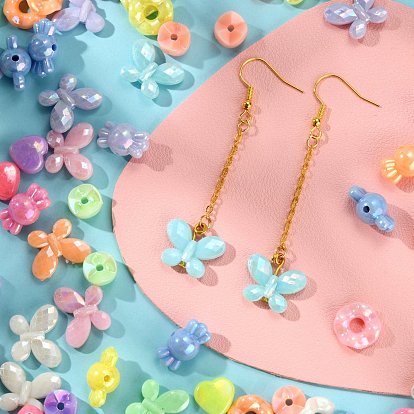 5 perles acryliques opaques de style, de couleur plaquée ab , coeur & bonbons & vague plat rond & papillon